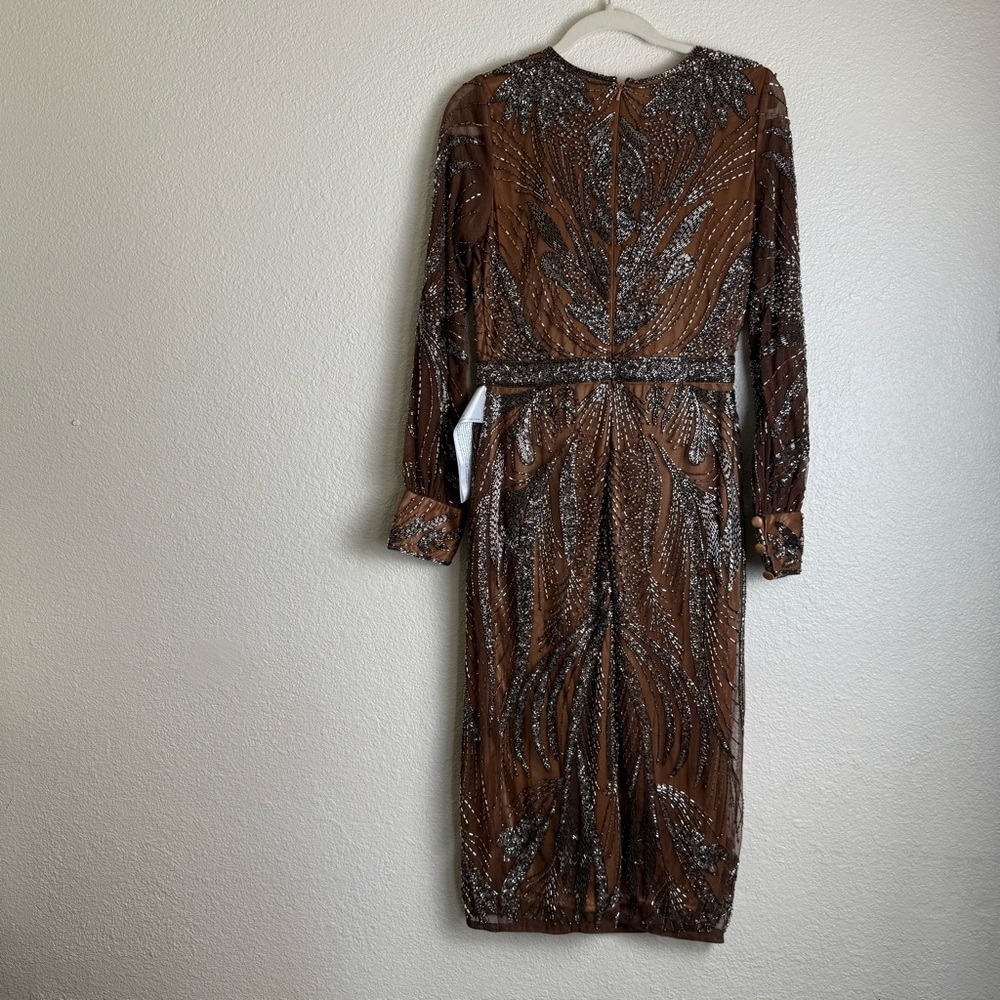 Mac Duggal Mocha Brown Beaded Long Sleeve Tulle Midi Cocktail Dress - Picture 11 of 14